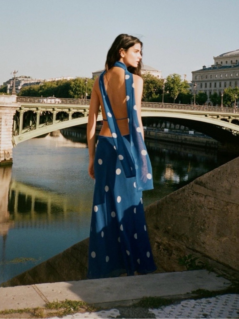 Zara Navy Blue Polka Dot Open-Back Maxi Dress